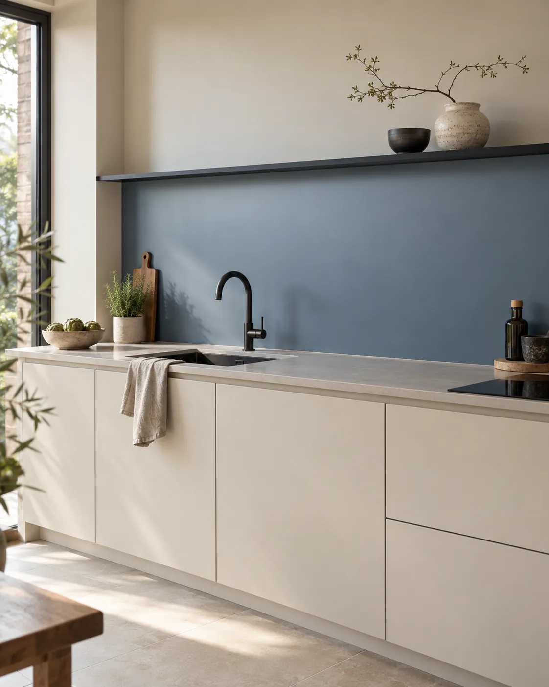 Keuken met een zachtblauwe achterwand, lichte kasten en een zwarte kraan